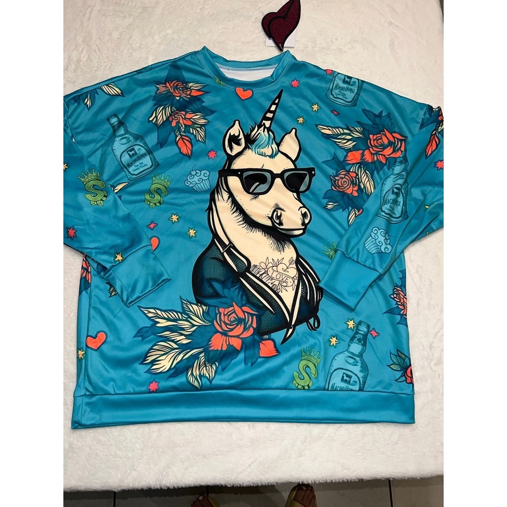 Unicorn Tattoo Graphic Teal Sweatshirt Crewneck Macho Horse XS